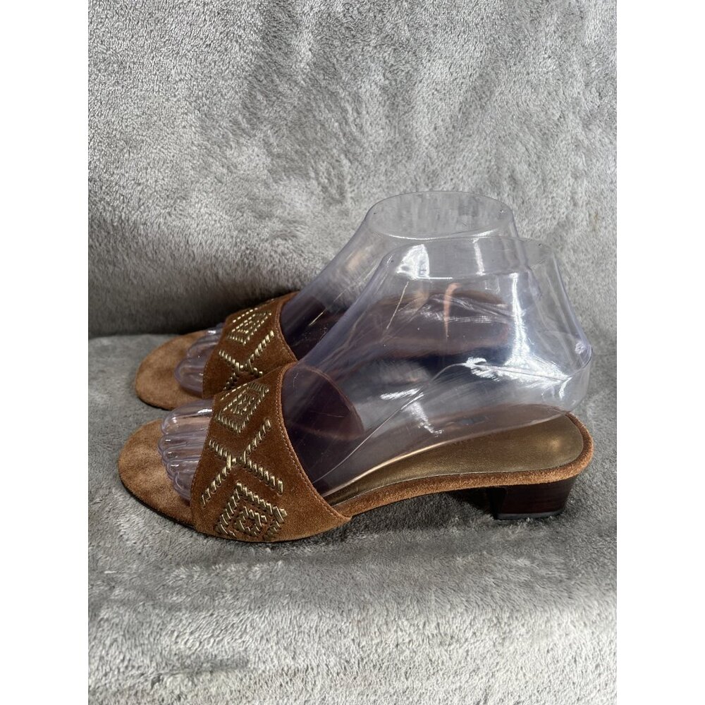Vtg Women's 6 M Anne Klein Brown Gold Suede Square Open Toe Kitten Heels Sandals